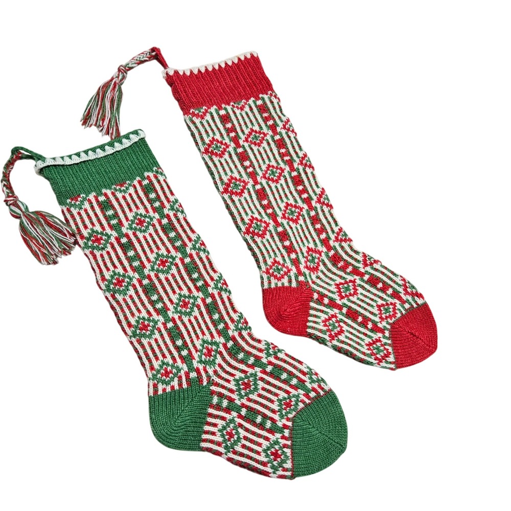 Handmade Christmas Stockings Red Green Geometric Knit Tassel Boho Holiday Wool